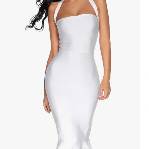 knee length dresses for ladies White Round Neck Long Sleeve Frill Midi Bandage Dress – Marcy Boutique main image 0